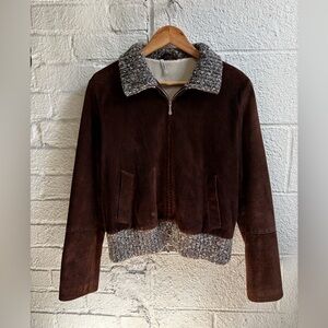 Rare Vintage Fedeli Brown Suede Zip Jacket with Knit Trim